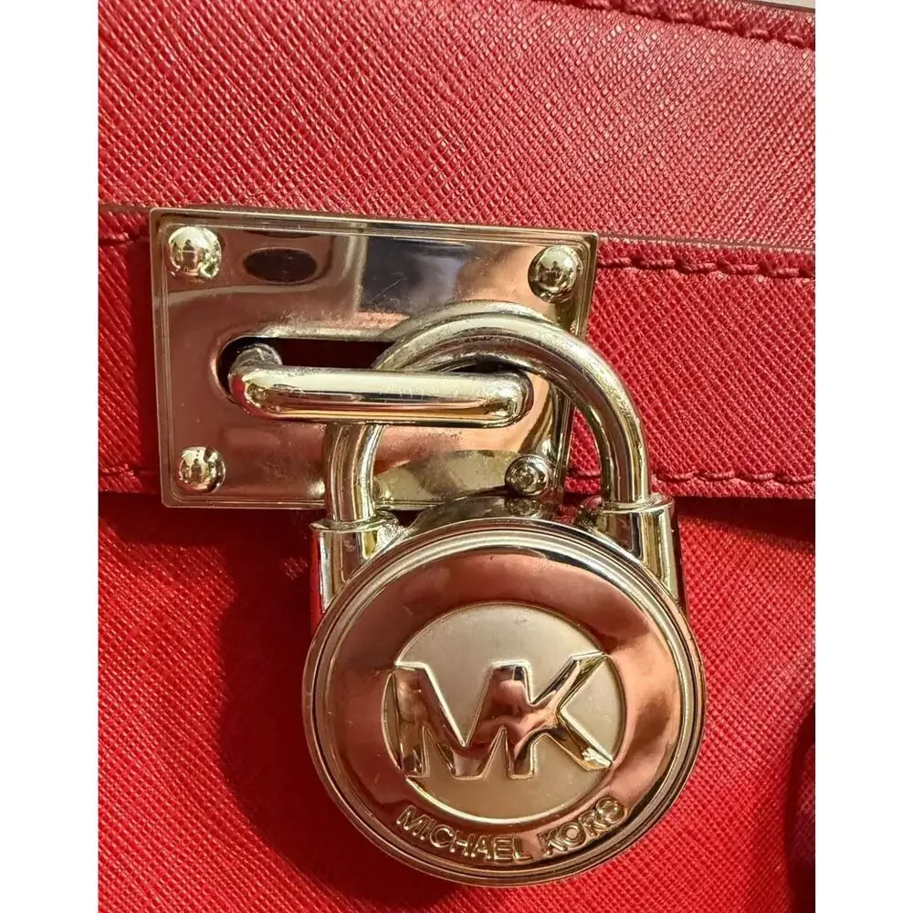 Michael Kors Hamilton Bag In Red Leather With Silver Accents And Key Lock